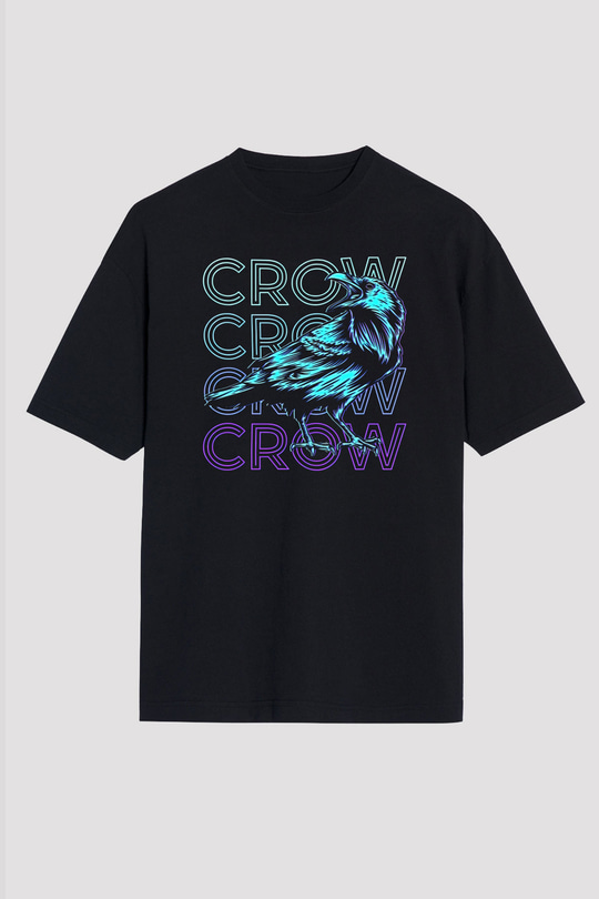 Karga Baskılı Unisex Siyah Oversize Tişört - Tshirt