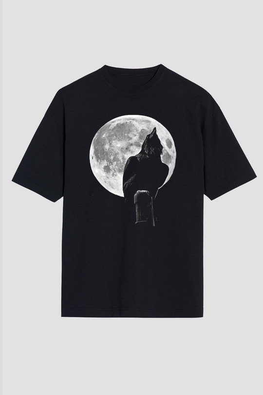 Karga Baskılı Unisex Siyah Oversize Tişört - Tshirt