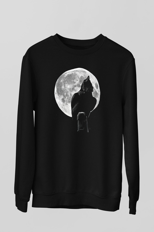 Karga Baskılı Unisex Siyah Sweatshirt
