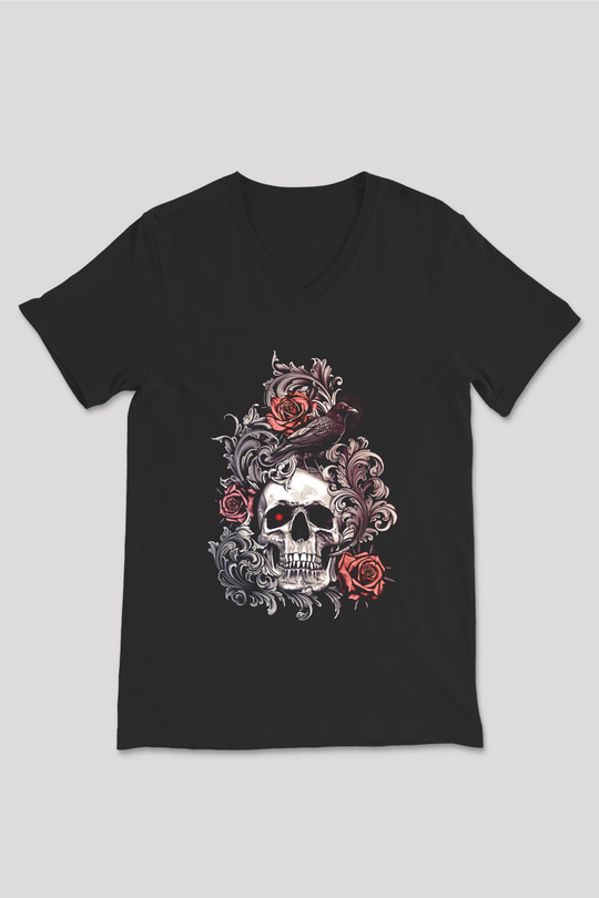 Karga Baskılı Unisex Siyah V Yaka Tişört - Tshirt