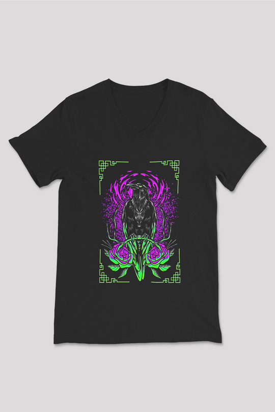 Karga Baskılı Unisex Siyah V Yaka Tişört - Tshirt