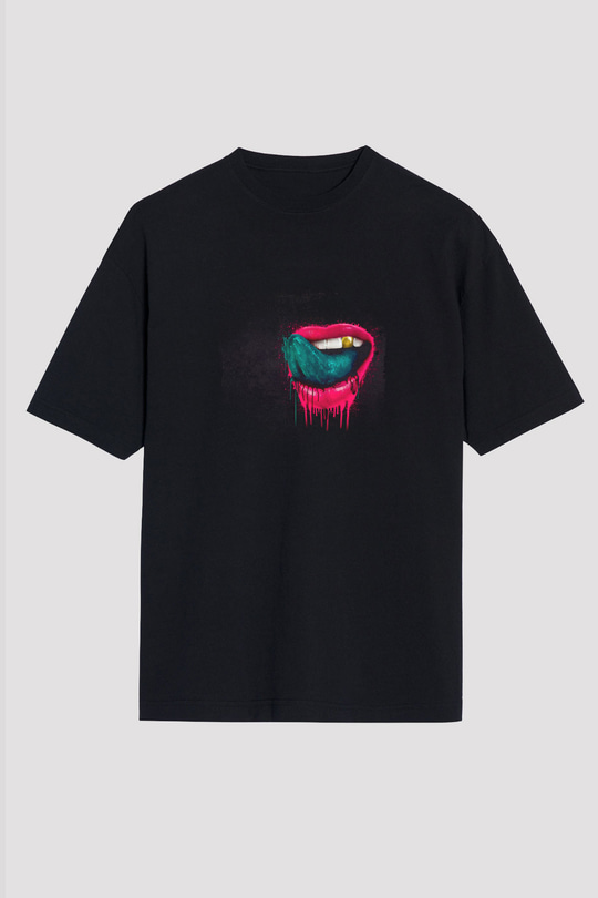 Kaskade Baskılı Unisex Oversize Siyah Tişört