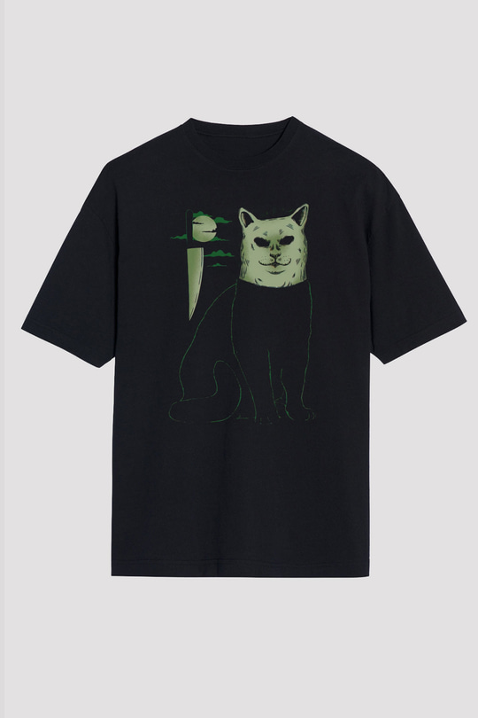 Katil Kedi Baskılı Unisex Siyah Tişört
