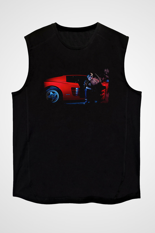 Kavinsky Baskılı Unisex Siyah Kolsuz Tişört - Tshirt