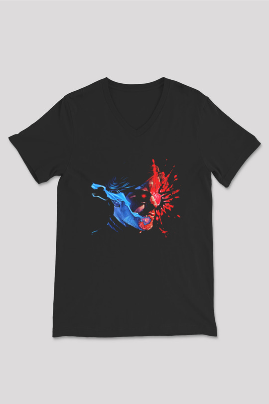 Kavinsky Baskılı Unisex Siyah V Yaka Tişört - Tshirt