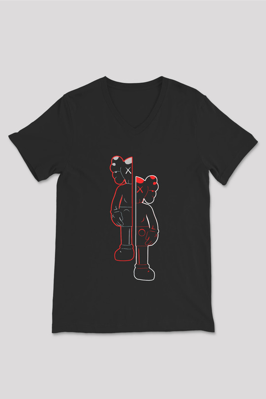 Kaws Baskılı Unisex Siyah  V Yaka Tişört