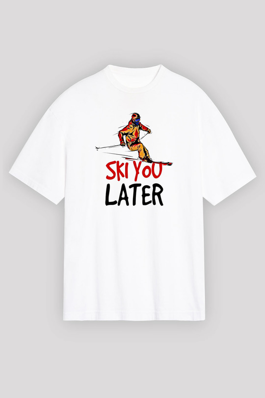 Kayak Baskılı Unisex Beyaz Oversize Tişört - Tshirt