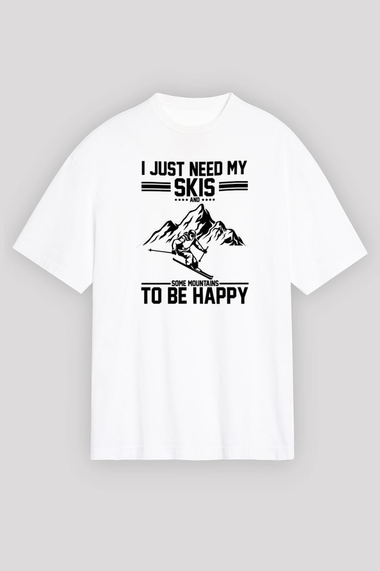 Kayak Baskılı Unisex Beyaz Oversize Tişört - Tshirt