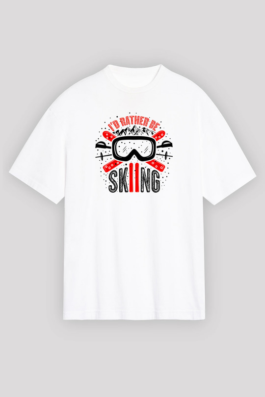 Kayak Baskılı Unisex Beyaz Oversize Tişört - Tshirt