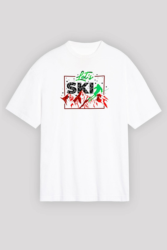 Kayak Baskılı Unisex Beyaz Oversize Tişört - Tshirt