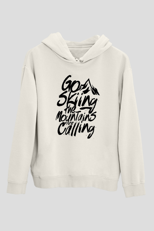Kayak Baskılı Unisex Ekru Hoodie