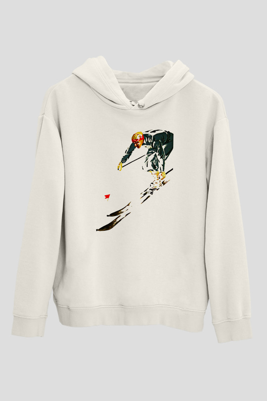 Kayak Baskılı Unisex Ekru Hoodie