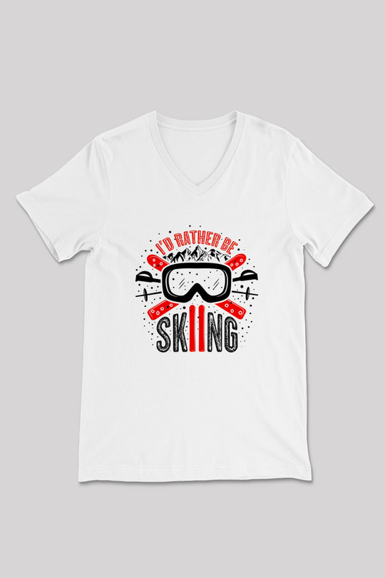 Kayak Baskılı Unisex V Yaka Tişört - Tshirt