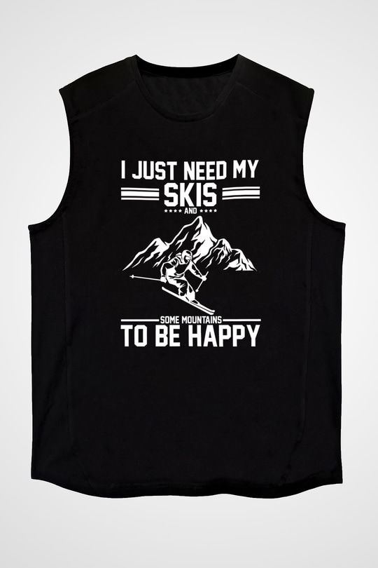 Kayak - Ski Baskılı Unisex Siyah Kolsuz Tişört