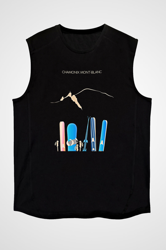 Kayak - Ski Baskılı Unisex Siyah Kolsuz Tişört