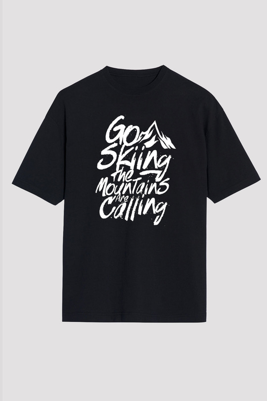 Kayak - Ski Baskılı Unisex Siyah Oversize Tişört