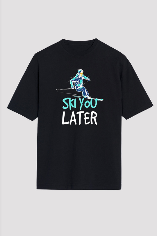 Kayak - Ski Baskılı Unisex Siyah Oversize Tişört