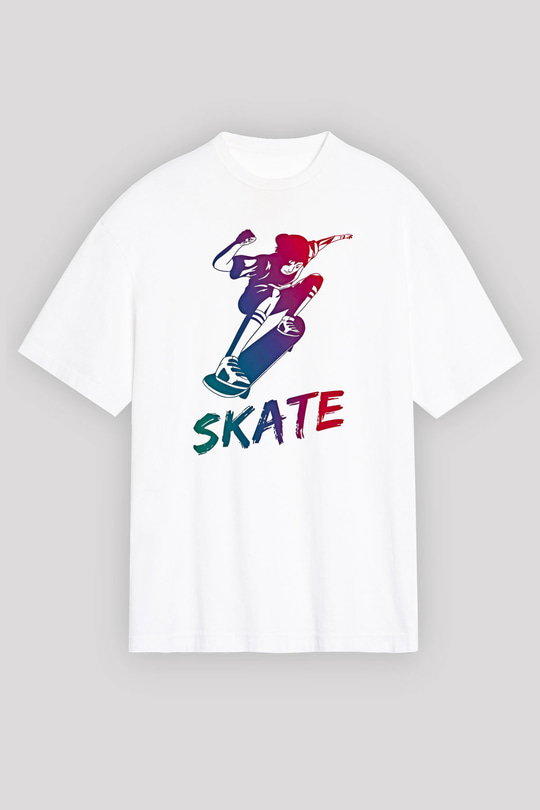 Kaykay Baskılı Unisex Beyaz Oversize Tişört - Tshirt