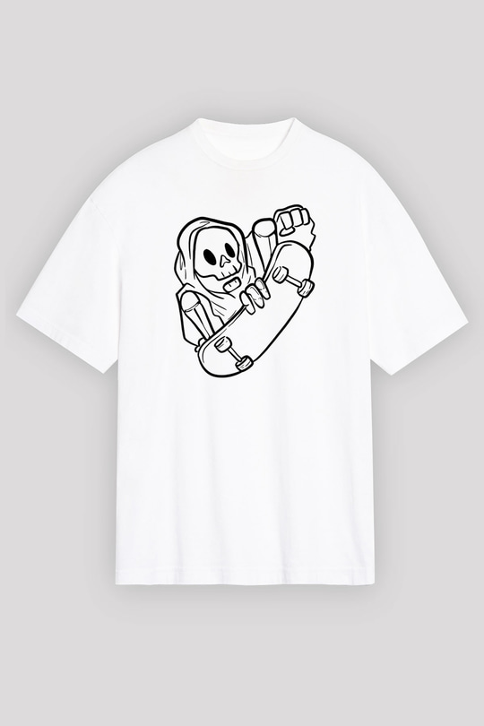 Kaykay Baskılı Unisex Beyaz Oversize Tişört - Tshirt