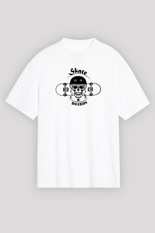 Kaykay Baskılı Unisex Beyaz Oversize Tişört - Tshirt