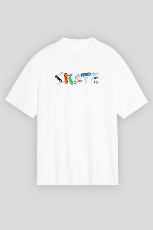 Kaykay Baskılı Unisex Beyaz Oversize Tişört - Tshirt