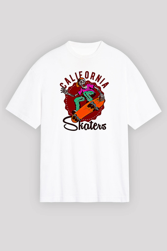Kaykay Baskılı Unisex Beyaz Oversize Tişört - Tshirt