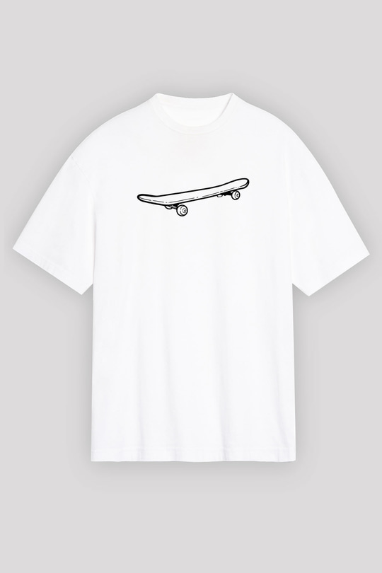 Kaykay Baskılı Unisex Beyaz Oversize Tişört - Tshirt