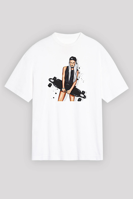 Kaykay Baskılı Unisex Beyaz Oversize Tişört - Tshirt
