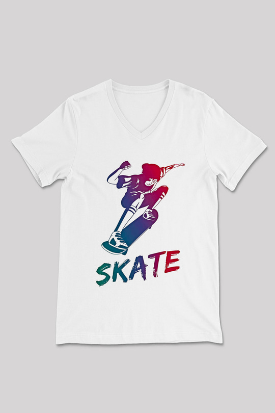 Kaykay Baskılı Unisex V Yaka Tişört - Tshirt