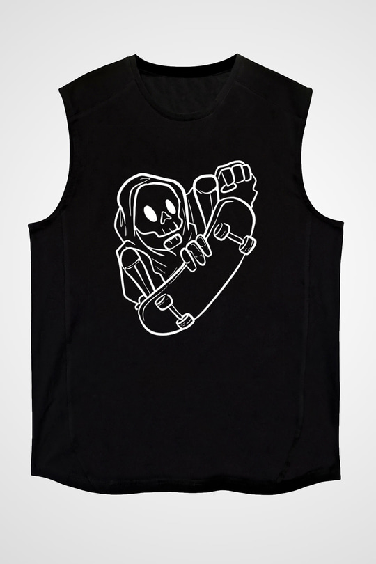 Kaykay - Skateboard Baskılı Unisex Siyah Kolsuz Tişört
