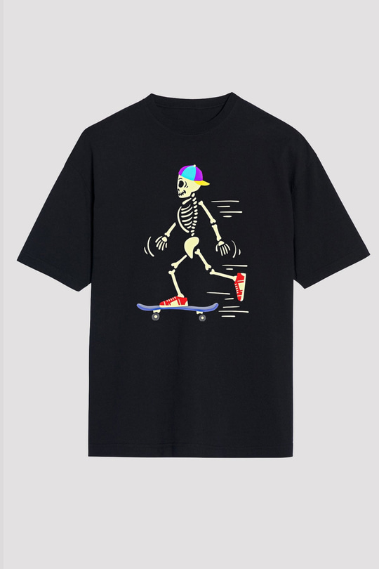 Kaykay - Skateboard Baskılı Unisex Siyah Oversize Tişört
