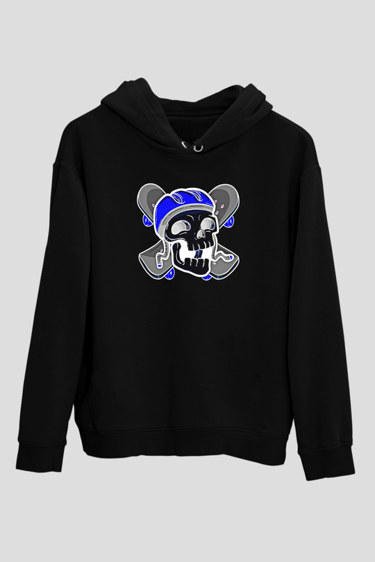 Kaykay - Skateboard Baskılı Unisex Siyah Hoodie
