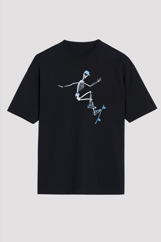 Kaykay - Skateboard Baskılı Unisex Siyah Oversize Tişört
