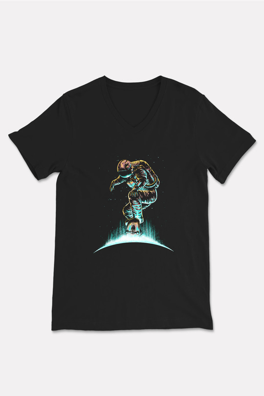 Kaykay - Skateboard Baskılı Unisex Siyah V Yaka Tişört