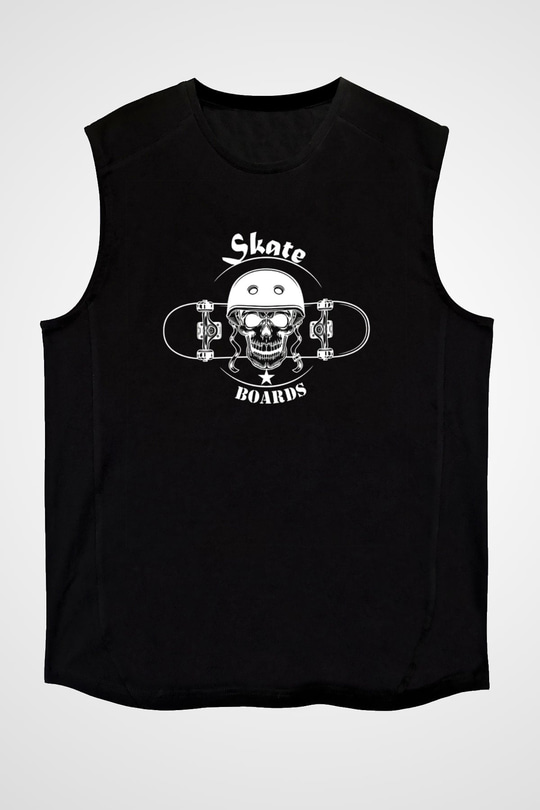 Kaykay - Skateboard Baskılı Unisex Siyah Kolsuz Tişört