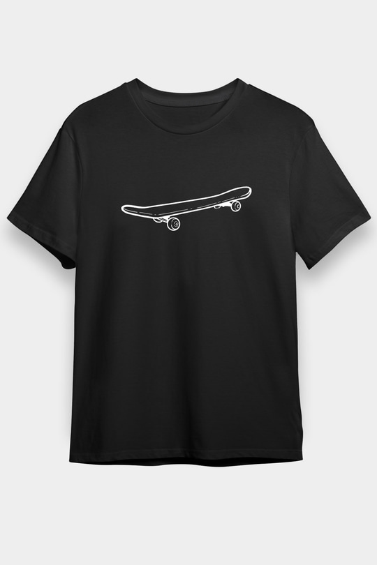 Kaykay - Skateboard Baskılı Unisex Siyah Tişört - Tshirt