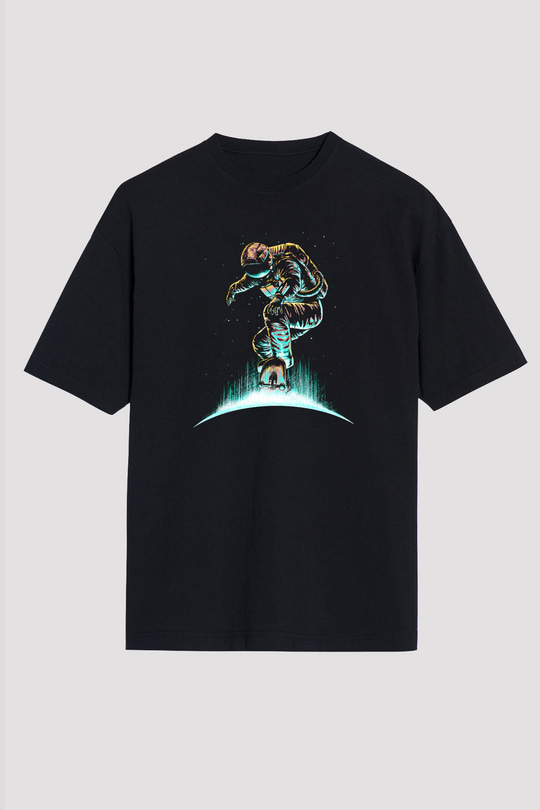 Kaykay - Skateboard Baskılı Unisex Siyah Oversize Tişört