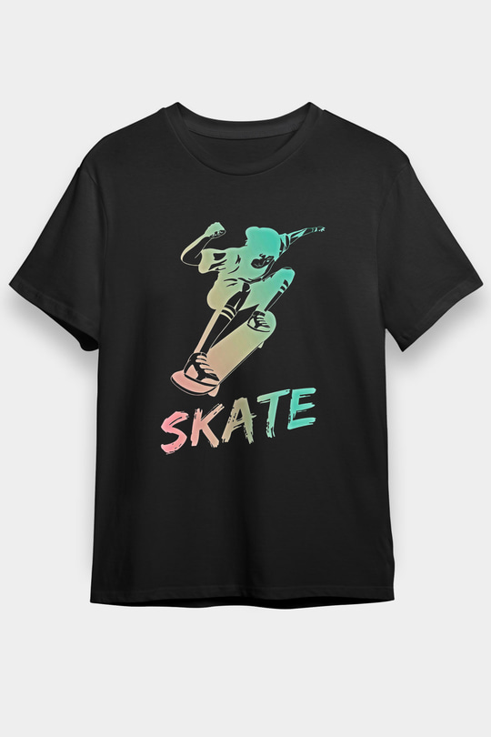 Kaykay - Skateboard Baskılı Unisex Siyah Tişört - Tshirt