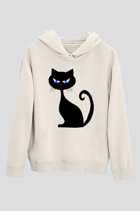 Kedi Beyaz Unisex Kapşonlu Sweatshirt