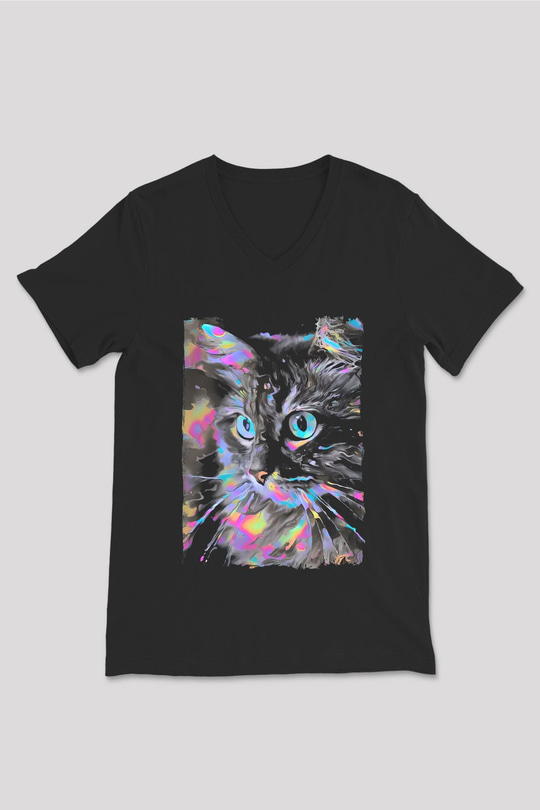 Kedi Siyah Unisex V Yaka Tişört