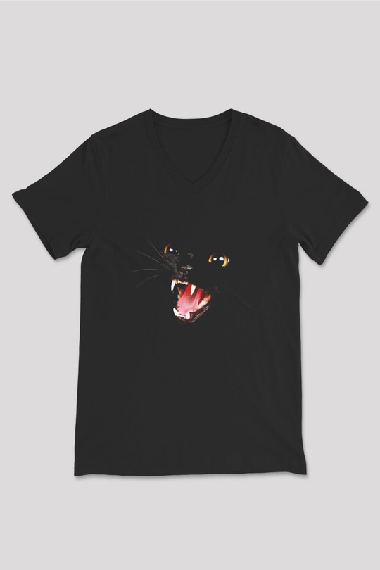 Kedi Siyah Unisex V Yaka Tişört T-Shirt