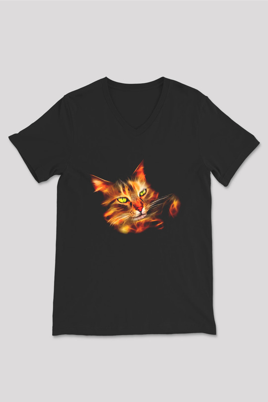 Kedi Siyah Unisex V Yaka Tişört T-Shirt