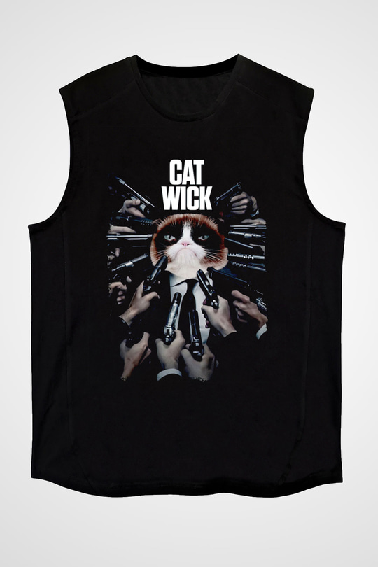 Kedi Wick Baskılı Unisex Siyah  Kolsuz Tişört