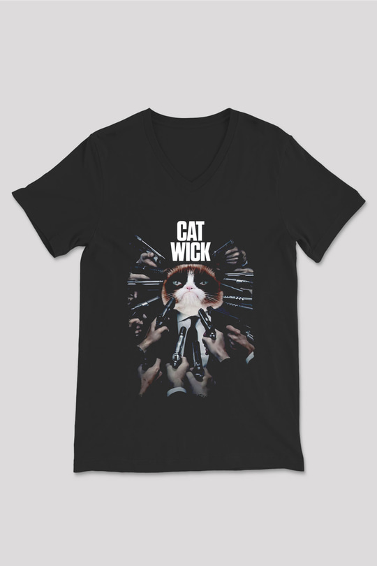 Kedi Wick Baskılı Unisex Siyah  V Yaka Tişört