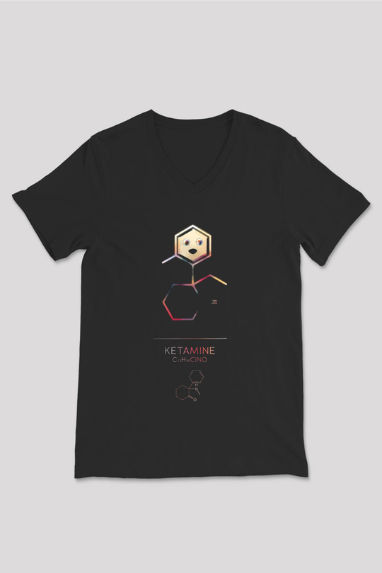 Ketamin Molekülü Baskılı Unisex V Yaka Siyah Tİşört - Tshirt