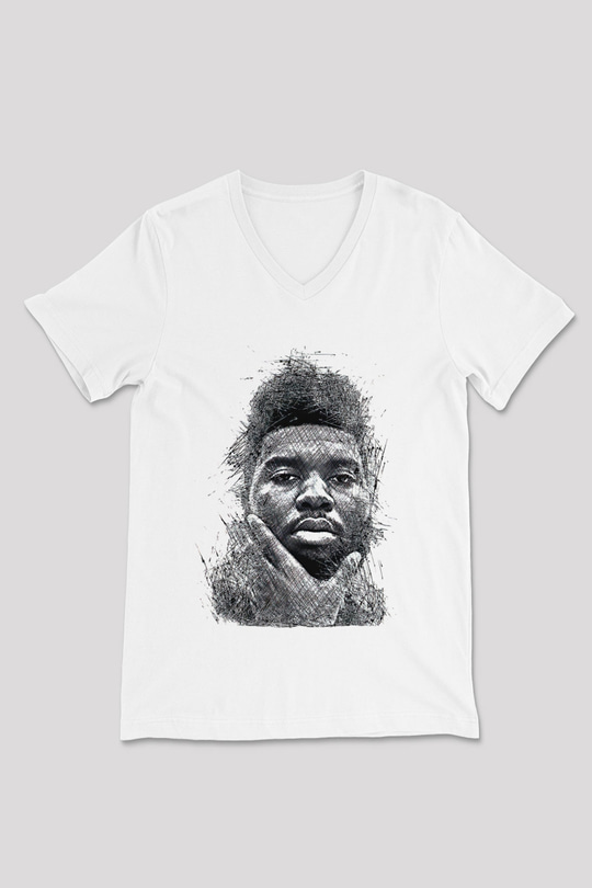 Khalid Baskılı Beyaz Unisex V Yaka Tişört - Tshirt