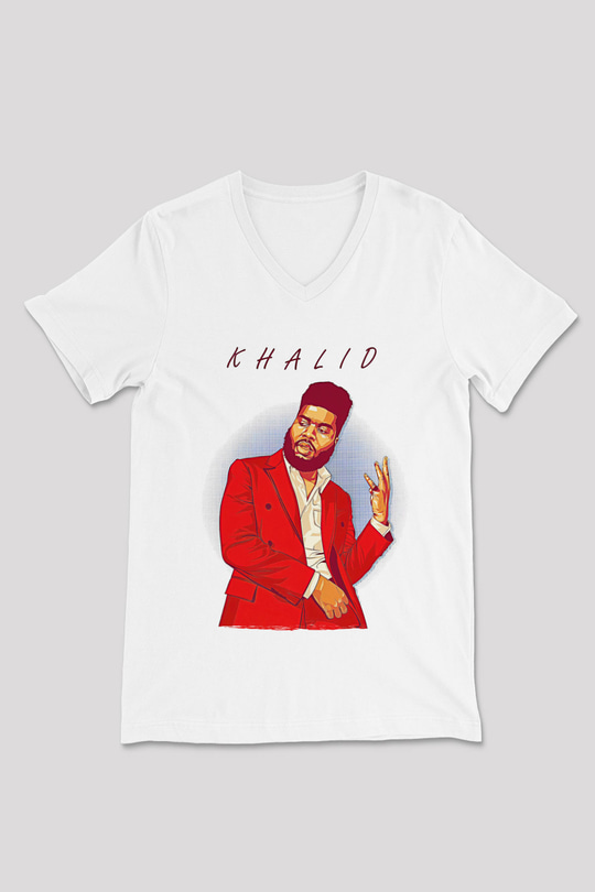 Khalid Baskılı Beyaz Unisex V Yaka Tişört - Tshirt