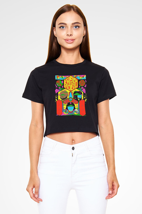 Khruanybin Baskılı Siyah Crop Top Kadın Tişört - Tshirt