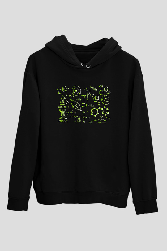 Kimya Atomlar Baskılı Unisex Siyah Hoodie