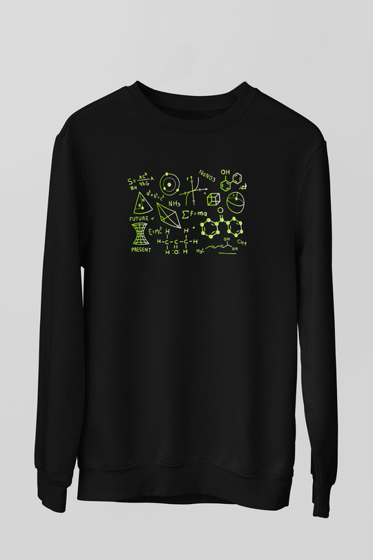 Kimya Atomlar Baskılı Unisex Siyah Sweatshirt